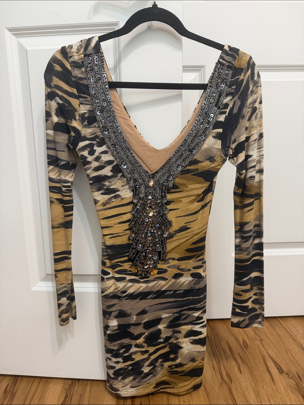 Sky Embellished Animal-Print Long Sleeve Dress - Black & Tan